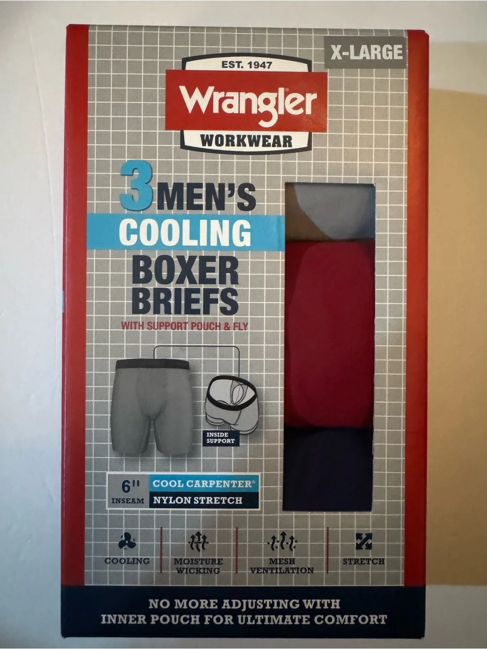 Wrangler Cool Carpenter 6” Boxer Briefs Men’s Underwear Gray, Red, & Blue